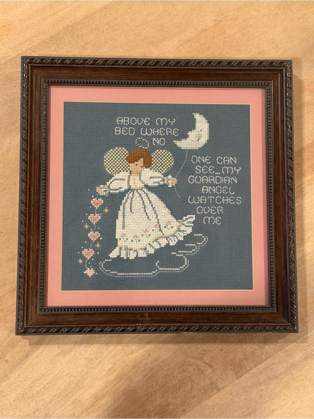 Framed Astor Place Cross Stitch Guardian Angel Artwork - Blue & Pink